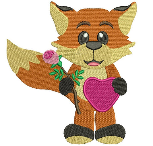 Cute Fox With a Flower And Big Heart Filled Machine Embroidery Design Digitized Pattern