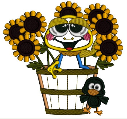 Cute Frog Sitting In The Pot With Sunflowers Fall Applique Machine Embroidery Design Digitized Pattern