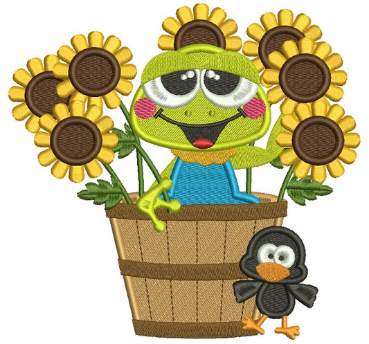 Cute Frog Sitting In The Pot With Sunflowers Fall Filled Machine Embroidery Design Digitized Pattern