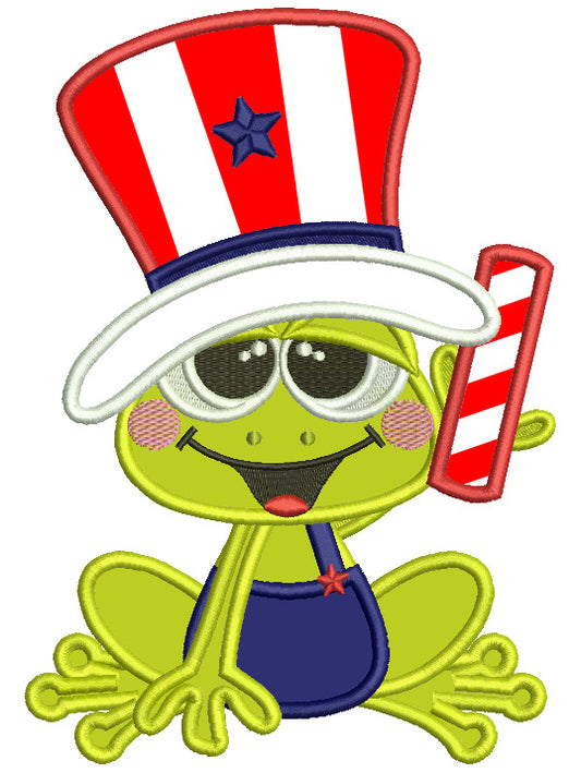 Cute Frog Wearing 4th Of July Hat Holding Firecracker Patriotic Applique Machine Embroidery Design Digitized Pattern