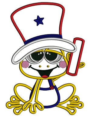 Cute Frog Wearing 4th Of July Hat Holding Firecracker Patriotic Applique Machine Embroidery Design Digitized Pattern