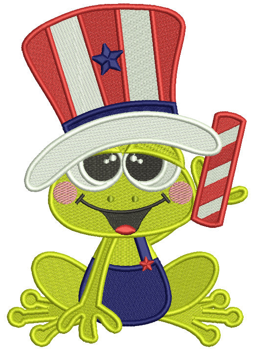 Cute Frog Wearing 4th Of July Hat Holding Firecracker Patriotic Filled Machine Embroidery Design Digitized Pattern