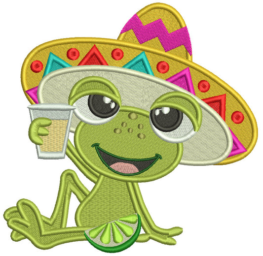 Cute Frog Wearing Sombrero Holding A Drink Filled Machine Embroidery Design Digitized Patterny