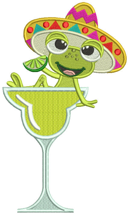 Cute Frog Wearing Sombrero Holding Lime Filled Machine Embroidery Design Digitized Patterny
