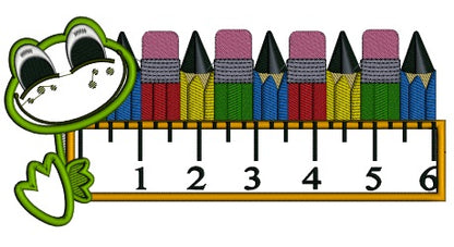 Cute Frog With a Big Ruler and Pencils School Applique Machine Embroidery Digitized Design Pattern