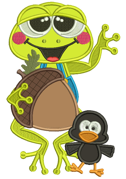 Cute Frog With a Little Crow Holding Acorn Applique Machine Embroidery Design Digitized Pattern