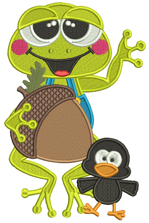 Cute Frog With a Little Crow Holding Acorn Filled Machine Embroidery Design Digitized Pattern