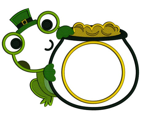 Cute Frog With a Pot Of Gold Monogram Irish St Patrick's Day Applique Machine Embroidery Design Digitized Pattern
