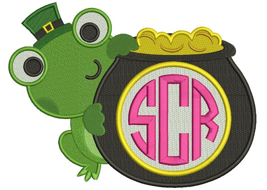 Cute Frog With a Pot Of Gold Monogram Irish St Patrick's Day Filled Machine Embroidery Design Digitized Pattern