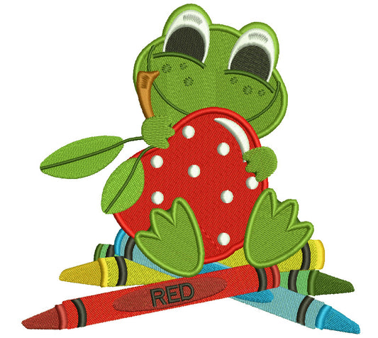 Cute Froggy With an Apple Filled Machine Embroidery Digitized Design Pattern
