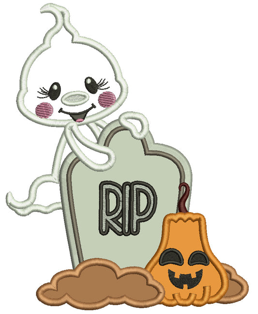 Cute Ghost Behind a RIP Headstone Halloween Applique Machine Embroidery Design Digitized Pattern