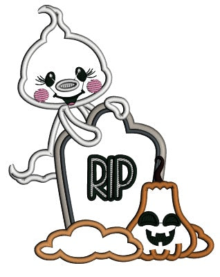 Cute Ghost Behind a RIP Headstone Halloween Applique Machine Embroidery Design Digitized Pattern