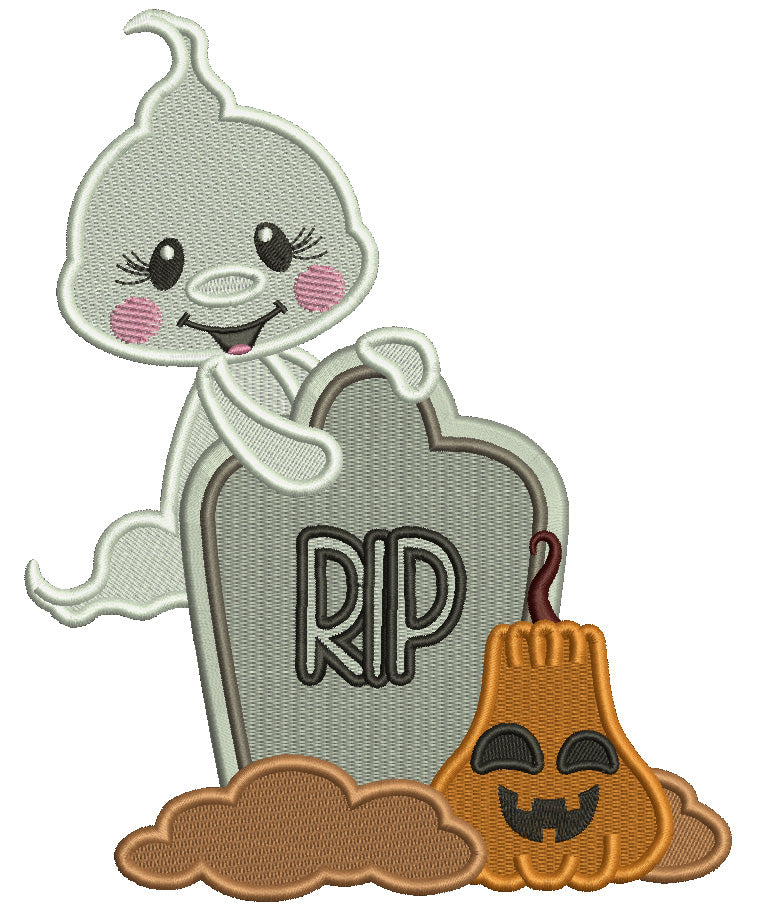 Cute Ghost Behind a RIP Headstone Halloween Filled Machine Embroidery Design Digitized Pattern