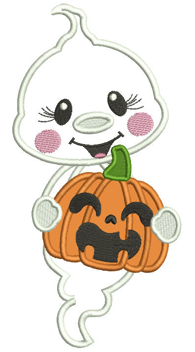 Cute Ghost Holding Pumpkin Applique Halloween Machine Embroidery Design Digitized Pattern