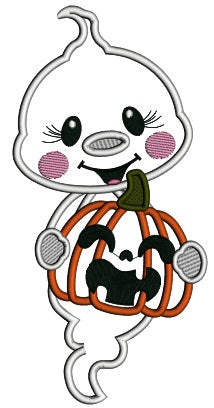 Cute Ghost Holding Pumpkin Applique Halloween Machine Embroidery Design Digitized Pattern