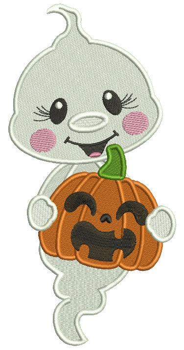 Cute Ghost Holding Pumpkin Filled Halloween Machine Embroidery Design Digitized Pattern