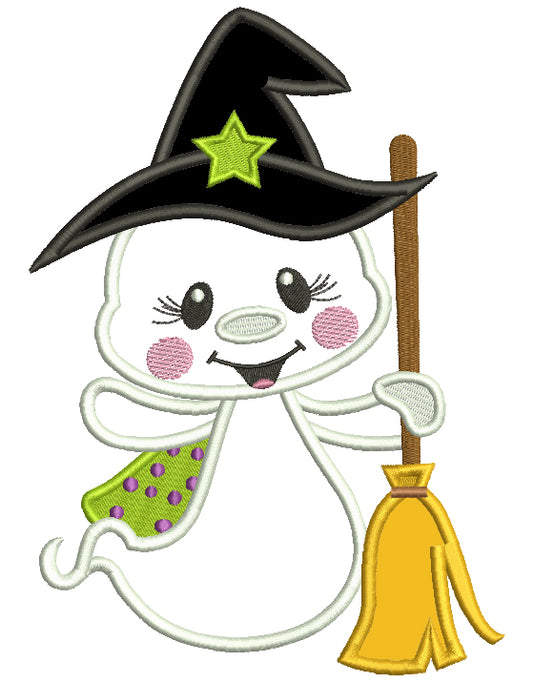 Cute Ghost Wizard Holding a Broom Applique Halloween Machine Embroidery Design Digitized Pattern