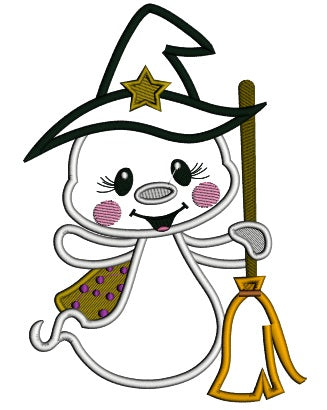 Cute Ghost Wizard Holding a Broom Applique Halloween Machine Embroidery Design Digitized Pattern