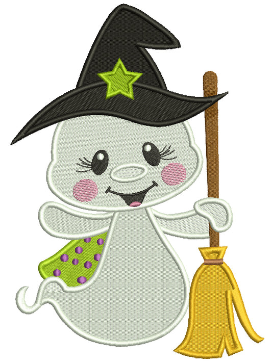 Cute Ghost Wizard Holding a Broom Filled Halloween Machine Embroidery Design Digitized Pattern