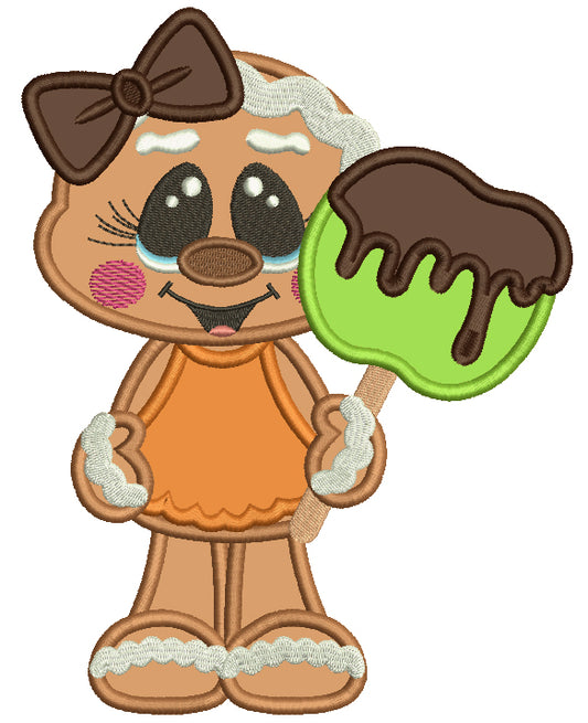 Cute Gingerbread Girl Holding Apple Covered With Chocolate Applique Thanksgiving Machine Embroidery Design Digitized Pattern