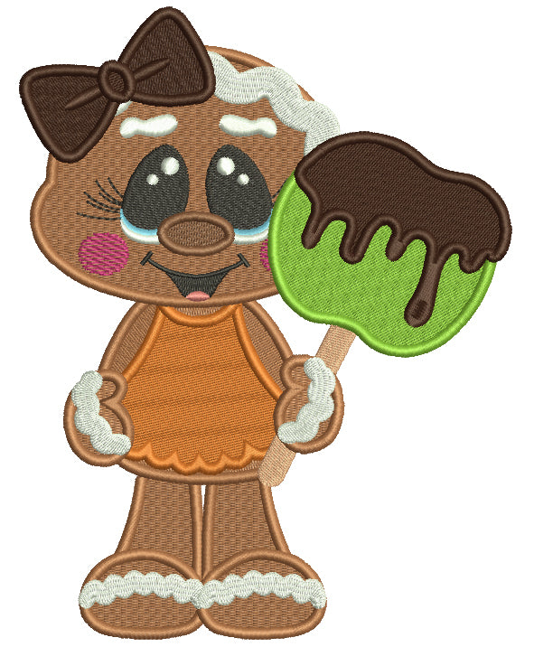 Cute Gingerbread Girl Holding Apple Covered With Chocolate Filled Thanksgiving Machine Embroidery Design Digitized Pattern