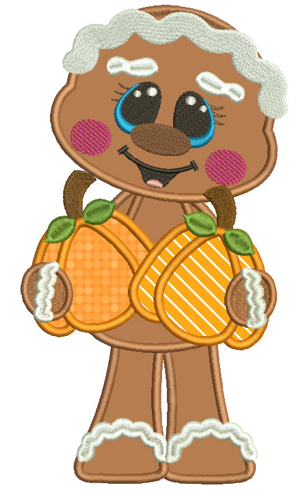 Cute Gingerbread Girl Holding Two Pumpkins Thanksgiving Applique Machine Embroidery Design Digitized Pattern