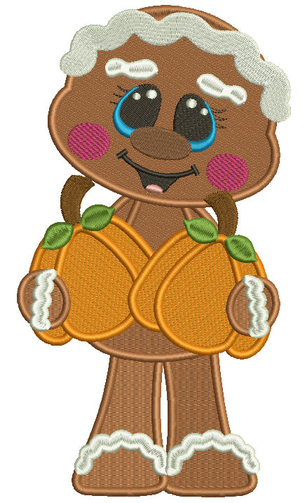 Cute Gingerbread Girl Holding Two Pumpkins Thanksgiving Filled Machine Embroidery Design Digitized Pattern