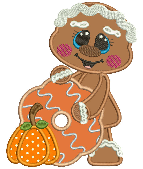 Cute Gingerbread Girl Holding a Donut Thanksgiving Applique Machine Embroidery Design Digitized Pattern