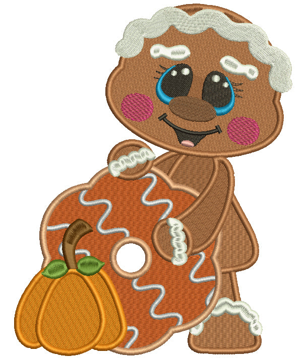 Cute Gingerbread Girl Holding a Donut Thanksgiving Filled Machine Embroidery Design Digitized Pattern