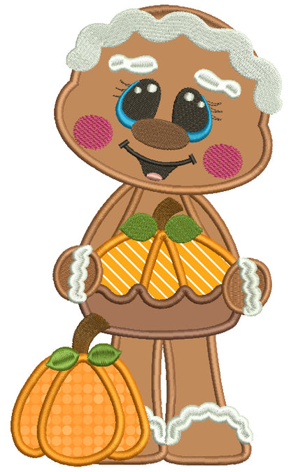 Cute Gingerbread Girl Holding a Pumpkin Thanksgiving Applique Machine Embroidery Design Digitized Pattern