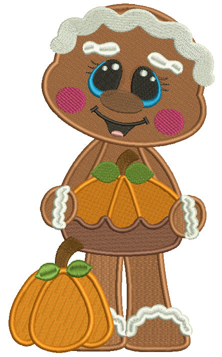 Cute Gingerbread Girl Holding a Pumpkin Thanksgiving Filled Machine Embroidery Design Digitized Pattern