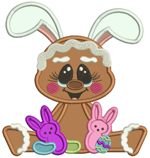 Cute Gingerbread Man Holding Easter Bunnies Applique Machine Embroidery Design Digitized
