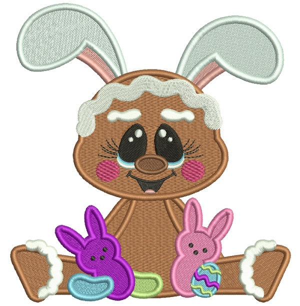 Cute Gingerbread Man Holding Easter Bunnies Filled Machine Embroidery Design Digitized