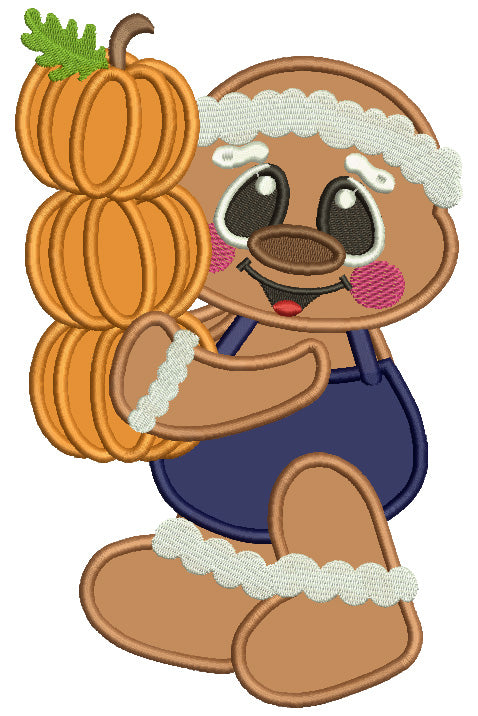 Cute Gingerbread Man Holding Three Pumpkins Thanksgiving Applique Machine Embroidery Design Digitized Pattern