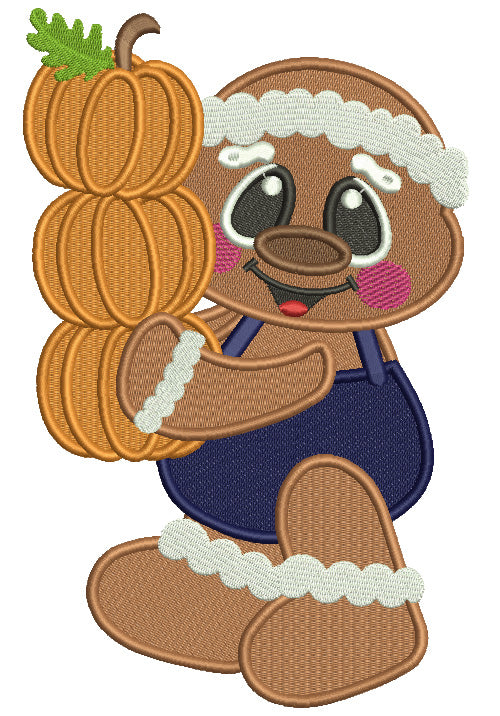 Cute Gingerbread Man Holding Three Pumpkins Thanksgiving Filled Machine Embroidery Design Digitized Pattern