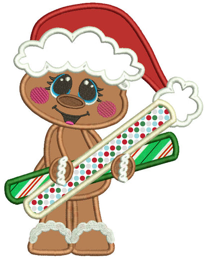 Cute Gingerbread Man Holding a Huge Candy Christmas Applique Machine Embroidery Design Digitized Pattern