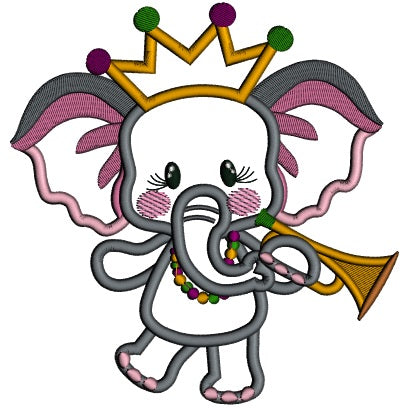 Cute Girl Baby Elephant Wearing Mardi Gras Beads Holding a Trumpet Applique Machine Embroidery Design Digitized Pattern