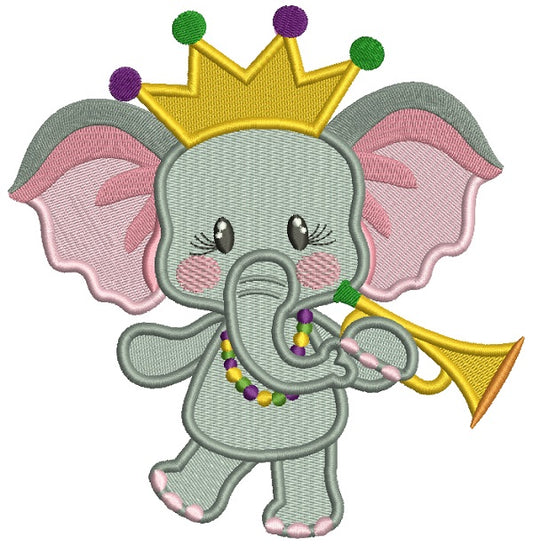 Cute Girl Baby Elephant Wearing Mardi Gras Beads Holding a Trumpet Filled Machine Embroidery Design Digitized Pattern