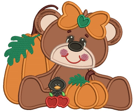 Cute Girl Bear WIth Pumpkin And a Little Crow Applique Machine Embroidery Design Digitized Pattern