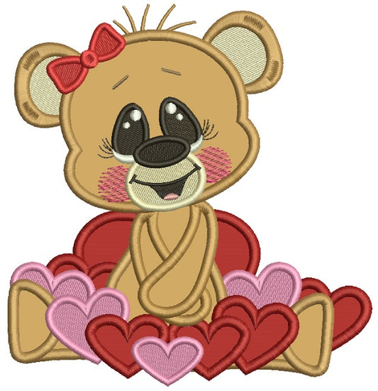 Cute Girl Bear With Hearts Applique Machine Embroidery Design Digitized Pattern