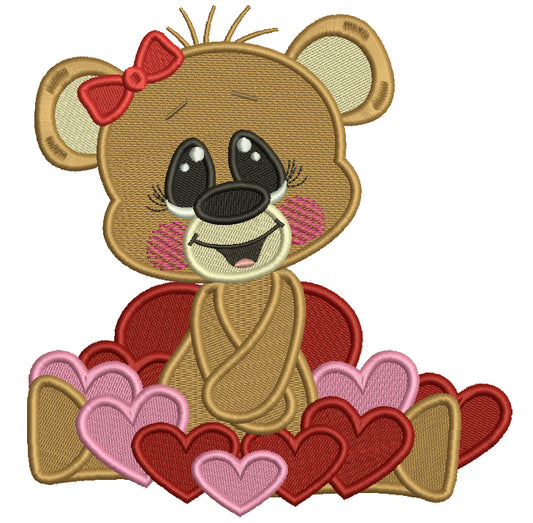 Cute Girl Bear With Hearts Filled Machine Embroidery Design Digitized Pattern