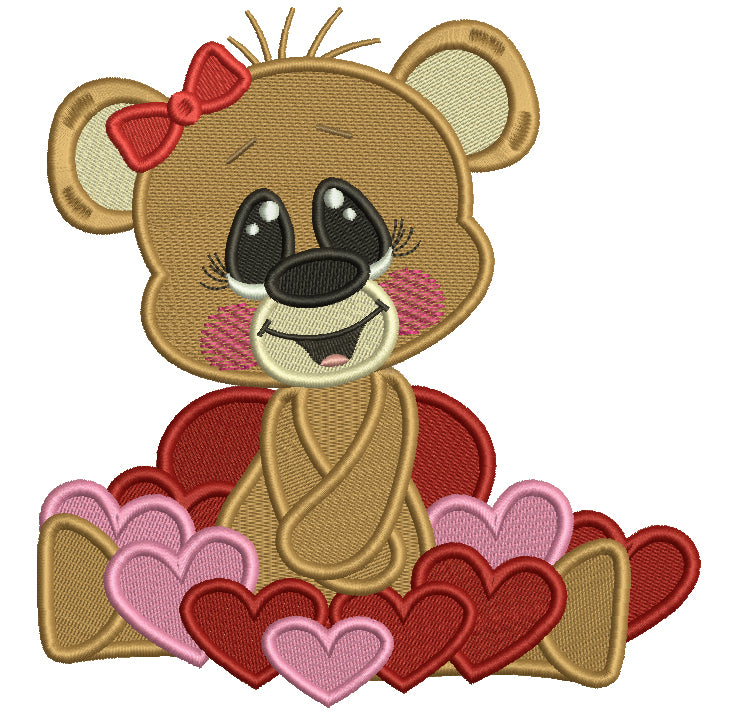 Cute Girl Bear With Hearts Filled Machine Embroidery Design Digitized