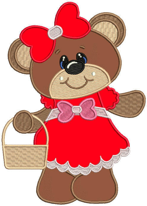 Cute Girl Bear With a Big Bow Applique Machine Embroidery Design Digitized Pattern