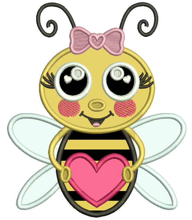 Cute Girl Bee Holding Heart Valentine's Day Applique Machine Embroidery Design Digitized Pattern