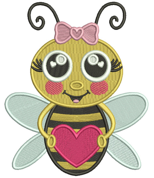 Cute Girl Bee Holding Heart Valentine's Day Filled Machine Embroidery Design Digitized Pattern