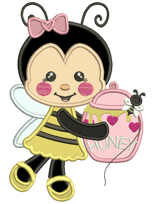 Cute Girl Bee Holding Jar With Honey Valentine's Day Applique Machine Embroidery Design Digitized Pattern