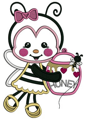 Cute Girl Bee Holding Jar With Honey Valentine's Day Applique Machine Embroidery Design Digitized Pattern