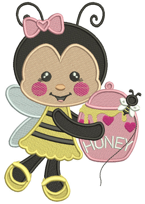 Cute Girl Bee Holding Jar With Honey Valentine's Day Filled Machine Embroidery Design Digitized Pattern