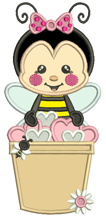 Cute Girl Bee Sitting Inside The Bucket Full Of Hearts Valentine's Day Applique Machine Embroidery Design Digitized Pattern