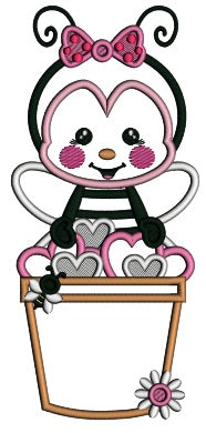Cute Girl Bee Sitting Inside The Bucket Full Of Hearts Valentine's Day Applique Machine Embroidery Design Digitized Pattern